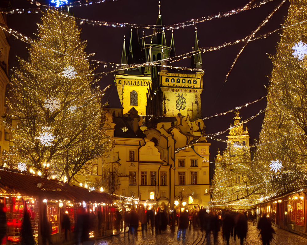 Festive market with people and decorations at night