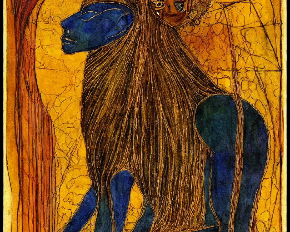 Colorful human-lion fusion art with crown on amber background