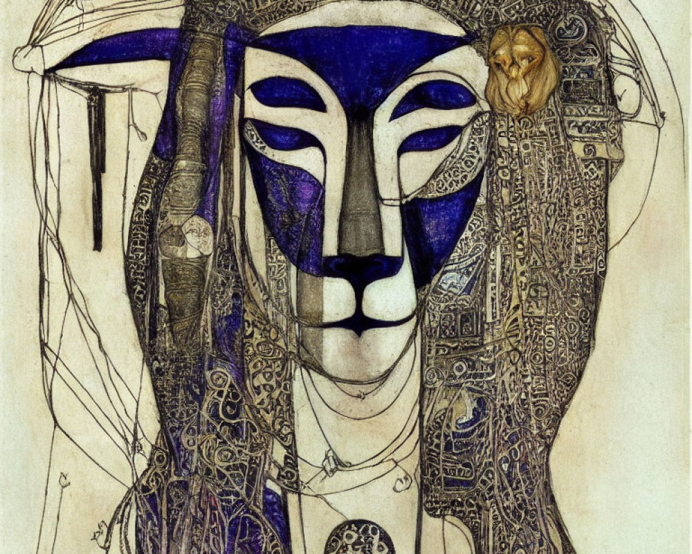 Detailed human face illustration with intricate mask patterns and small monkey resting on head