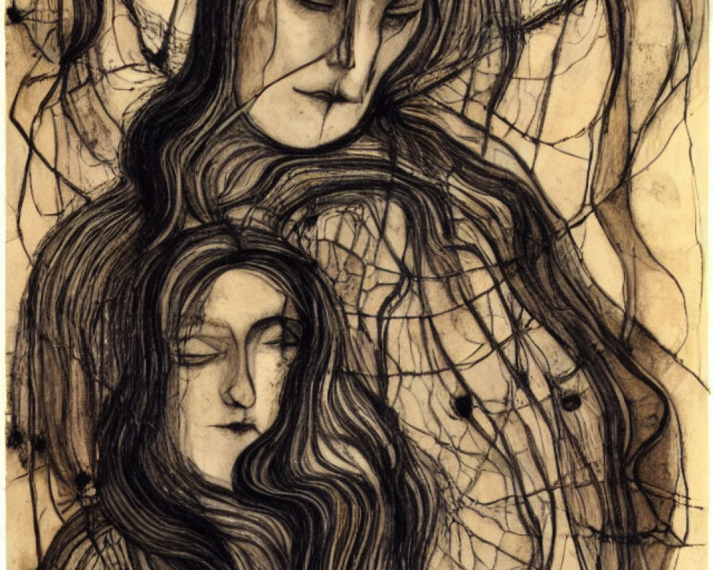 Intertwined figures sketch with intricate, flowing hair lines.