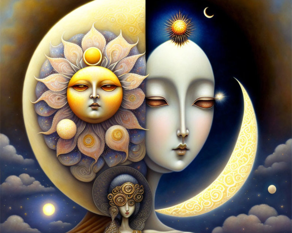 Stylized painting of faces merged with celestial bodies and cosmic motifs