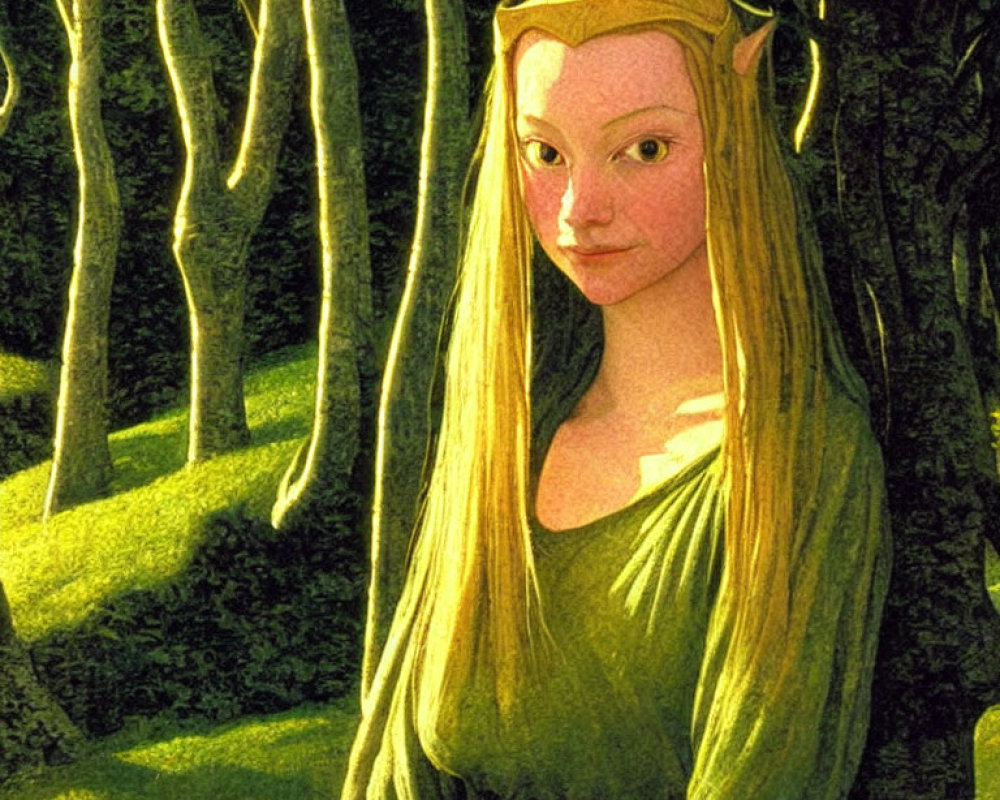 Blonde-haired female elf in green dress in enchanted forest