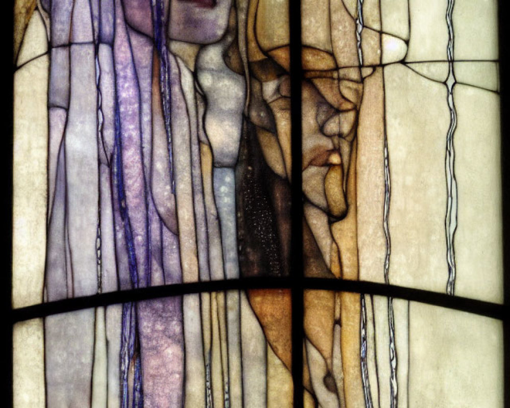 Ethereal figure in stained glass with flowing lines & muted colors