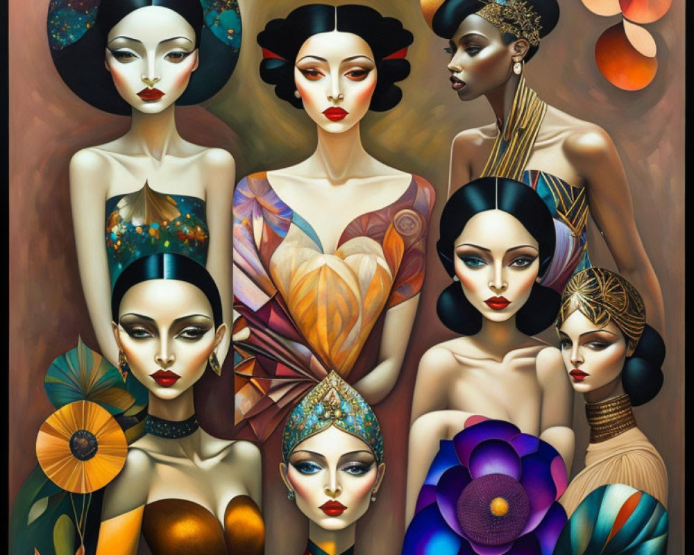 Six stylized women with elaborate hairstyles and headpieces among vibrant flowers and geometric shapes.