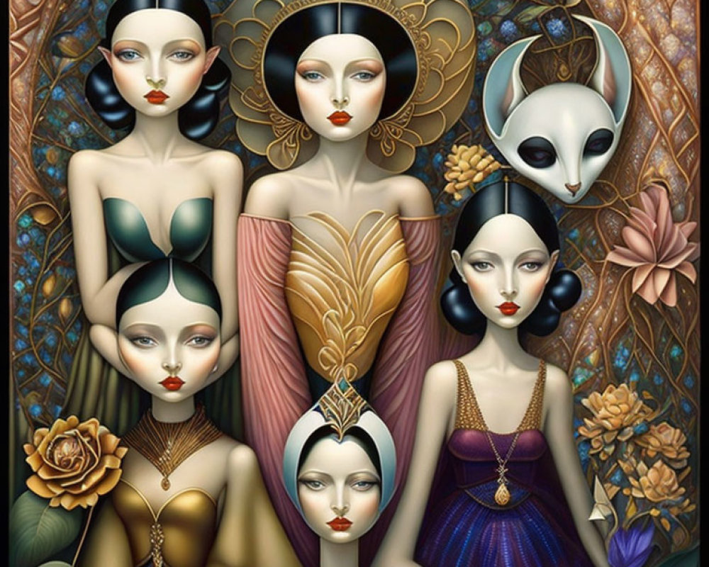 Stylized female figures in elegant attire with elaborate headdresses and alien-like mask against intricate floral backdrop