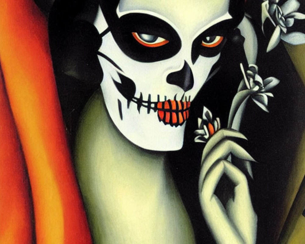 Stylized painting of skeletal figure with face paint holding a flower