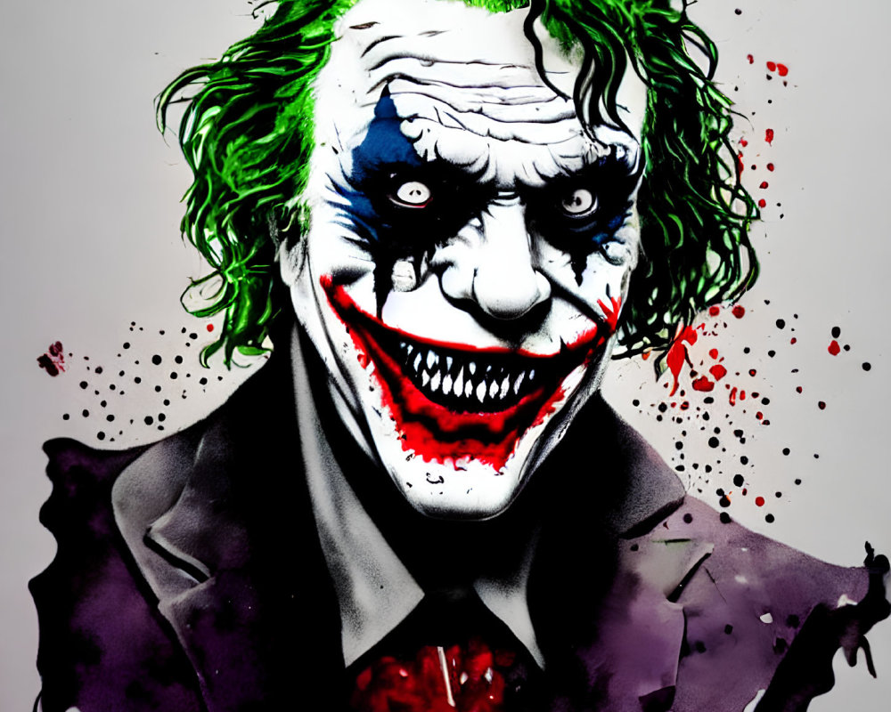 Detailed Joker illustration with green hair, white face, red grin, and ink blots