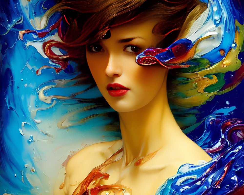 Colorful portrait of a woman in dynamic paint swirls