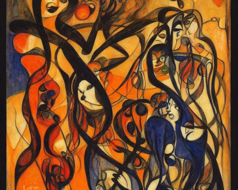 Vibrant Abstract Painting: Intertwined Figures in Orange, Blue, and Black