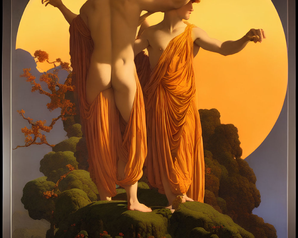 Classical figures in orange drapes on lush greenery under warm glow