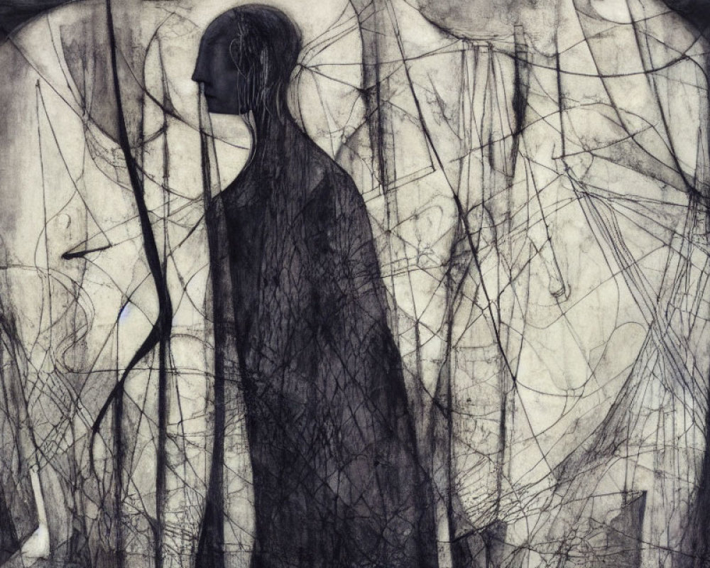 Monochrome artwork of somber figure in chaotic lines