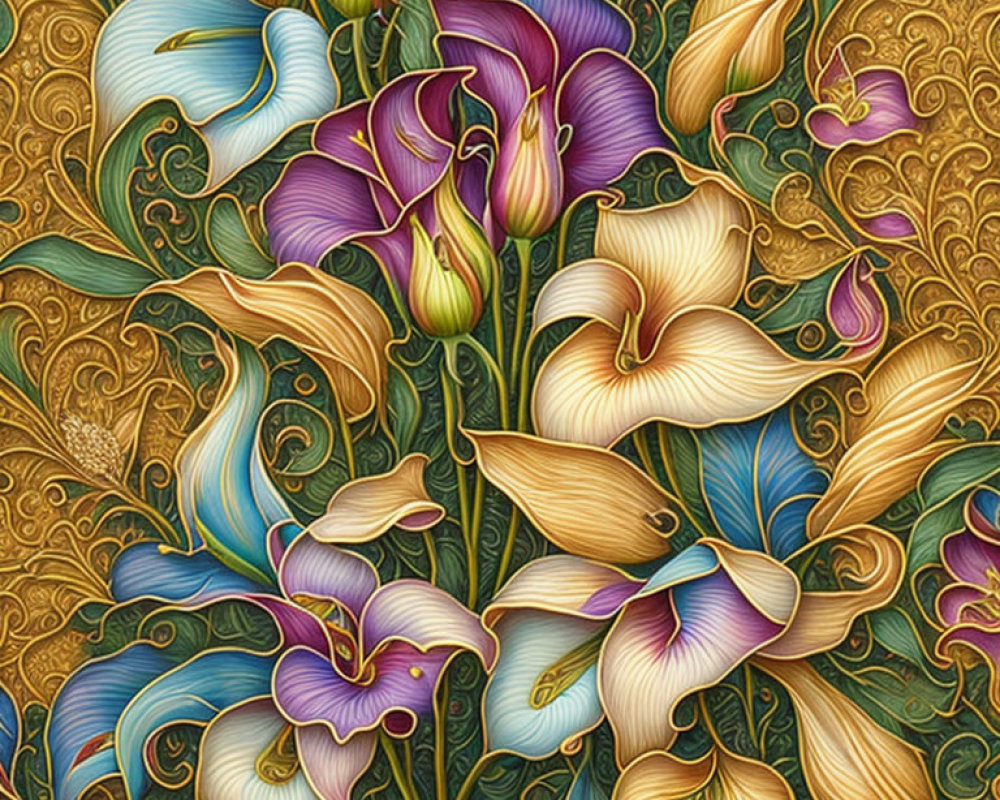 Detailed Floral Calla Lily Pattern on Textured Golden Background