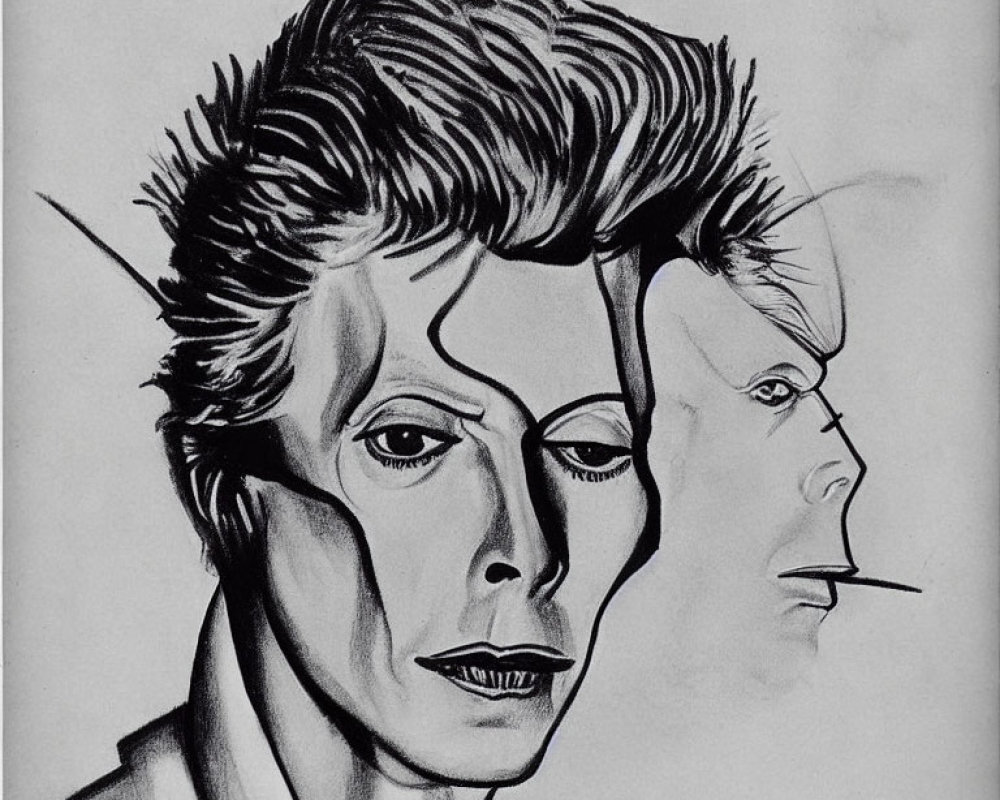 Split-face pencil drawing: man with prominent cheekbones and edgy hair next to abstract, fragmented side