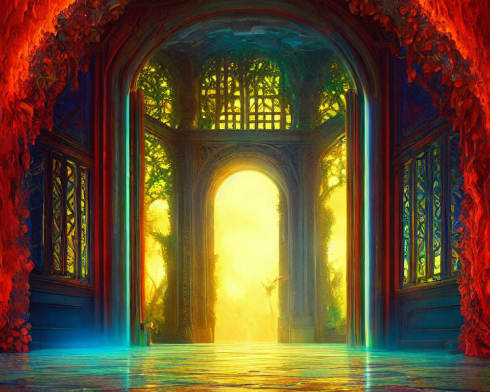 Colorful Fantasy Archway Leading to Enchanted Forest with Mystical Figure