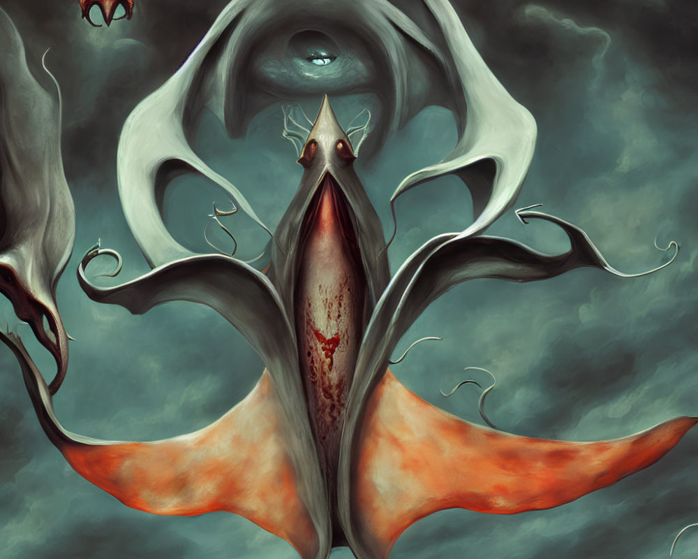 Surreal artwork: Creature with bat-like wings and central eye in dark, cloudy sky