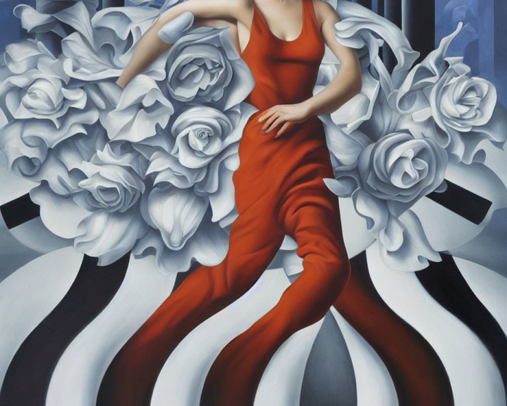 Stylized painting of woman in red dress with white roses on swirling backdrop