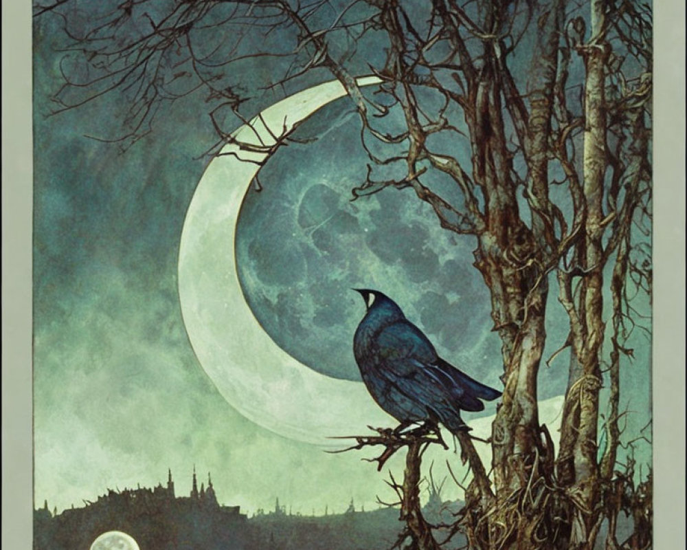 Raven on gnarled tree under crescent moon in night sky