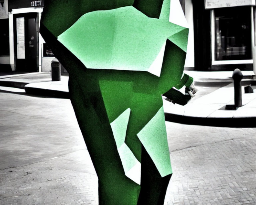 Green abstract sculpture in urban setting with geometric shapes and angles