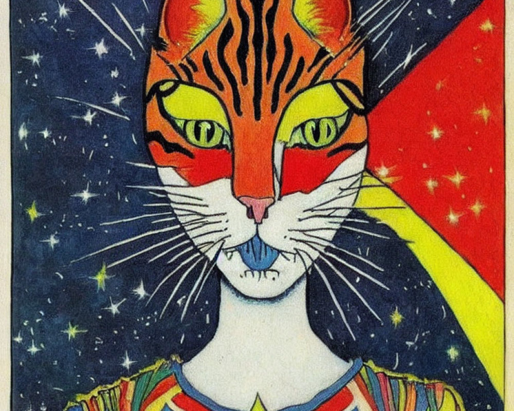 Colorful Cat Illustration with Starry Night Sky and Geometric Patterns