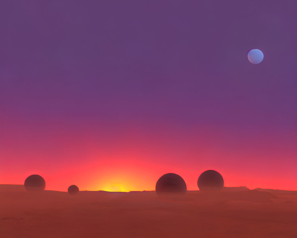 Vibrant pink-orange sunset landscape with round structures