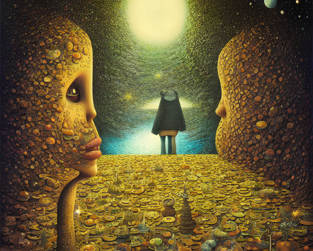 Surreal painting of faces with coin-textured skin and figure on coin path under moon.