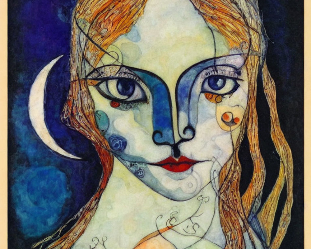 Stylized female face with celestial elements in watercolor palette