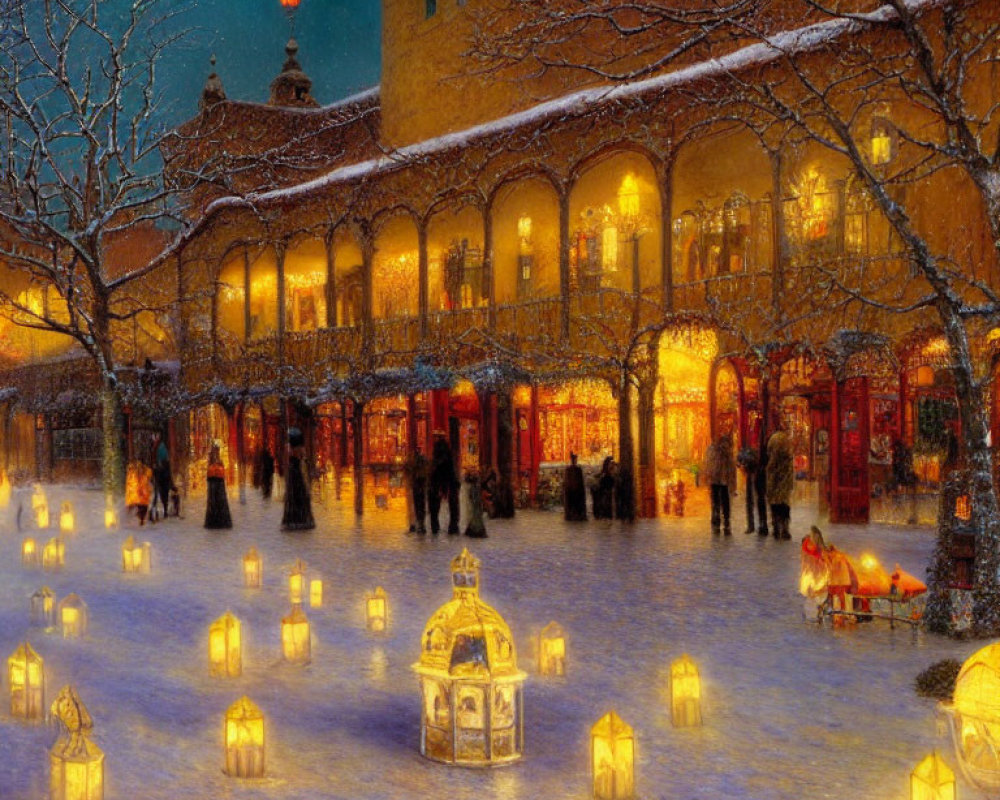 Winter evening market with snow, lanterns, shoppers, and illuminated building.