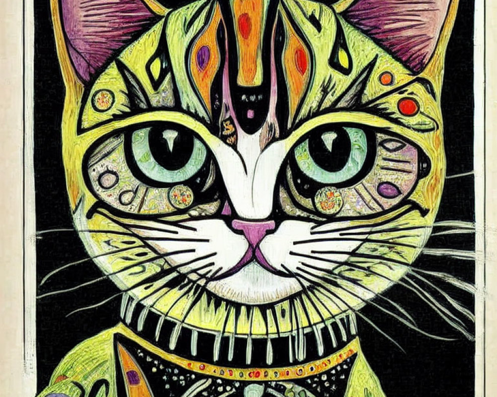 Detailed colorful cat illustration with intricate patterns and big green eyes