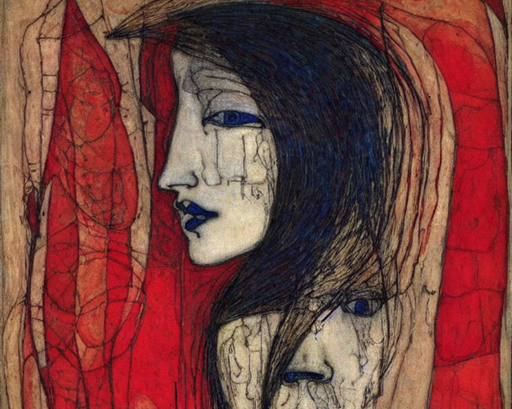 Stylized female face with blue features and abstract red-orange shapes