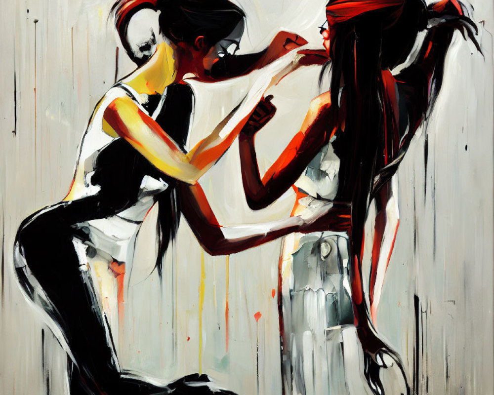 Stylized female figures in intimate pose with dynamic brush strokes