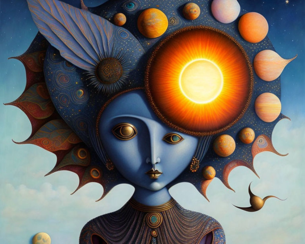 Surreal painting of figure with cosmic headpiece and starry backdrop