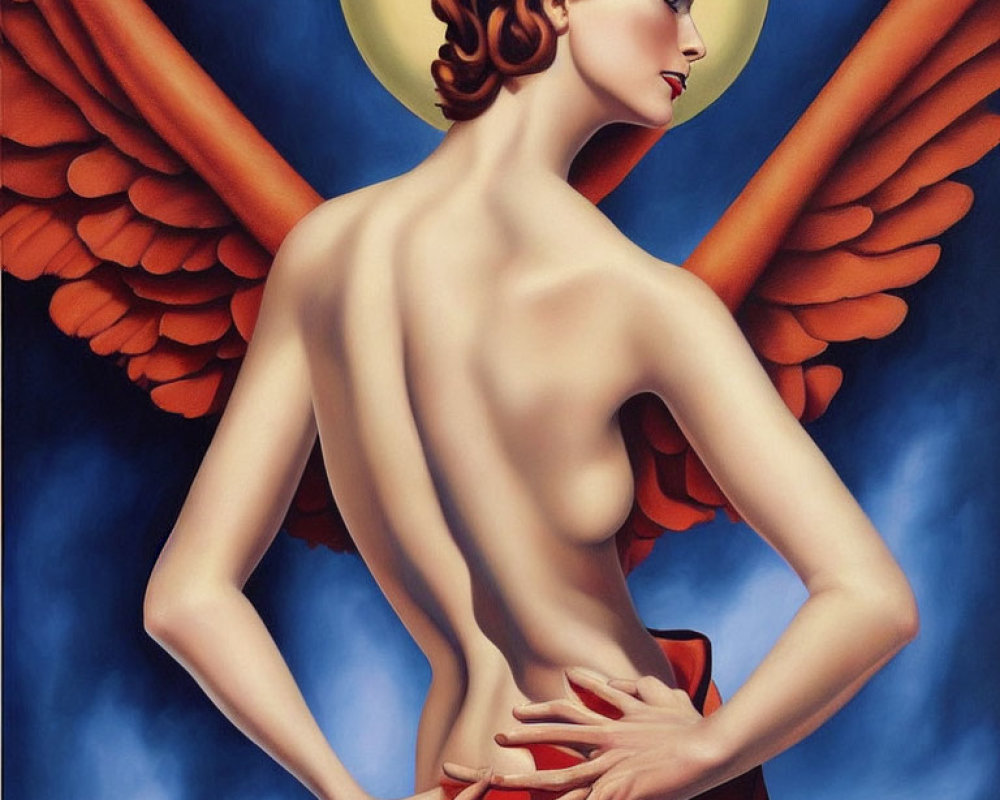 Illustration of winged woman with halo and red drape in classic pose