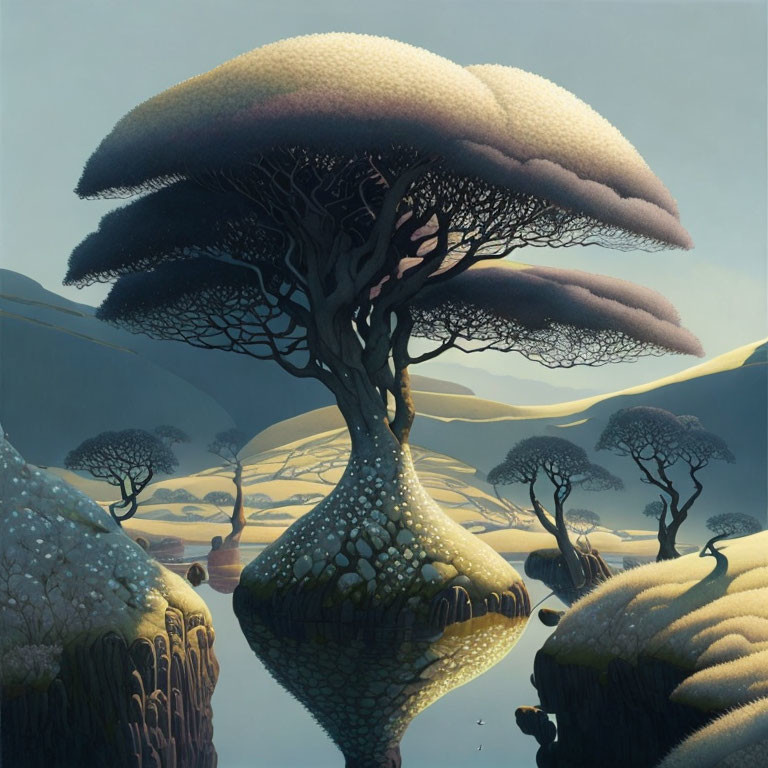 Surreal landscape featuring oversized mushroom-shaped trees and rolling hills