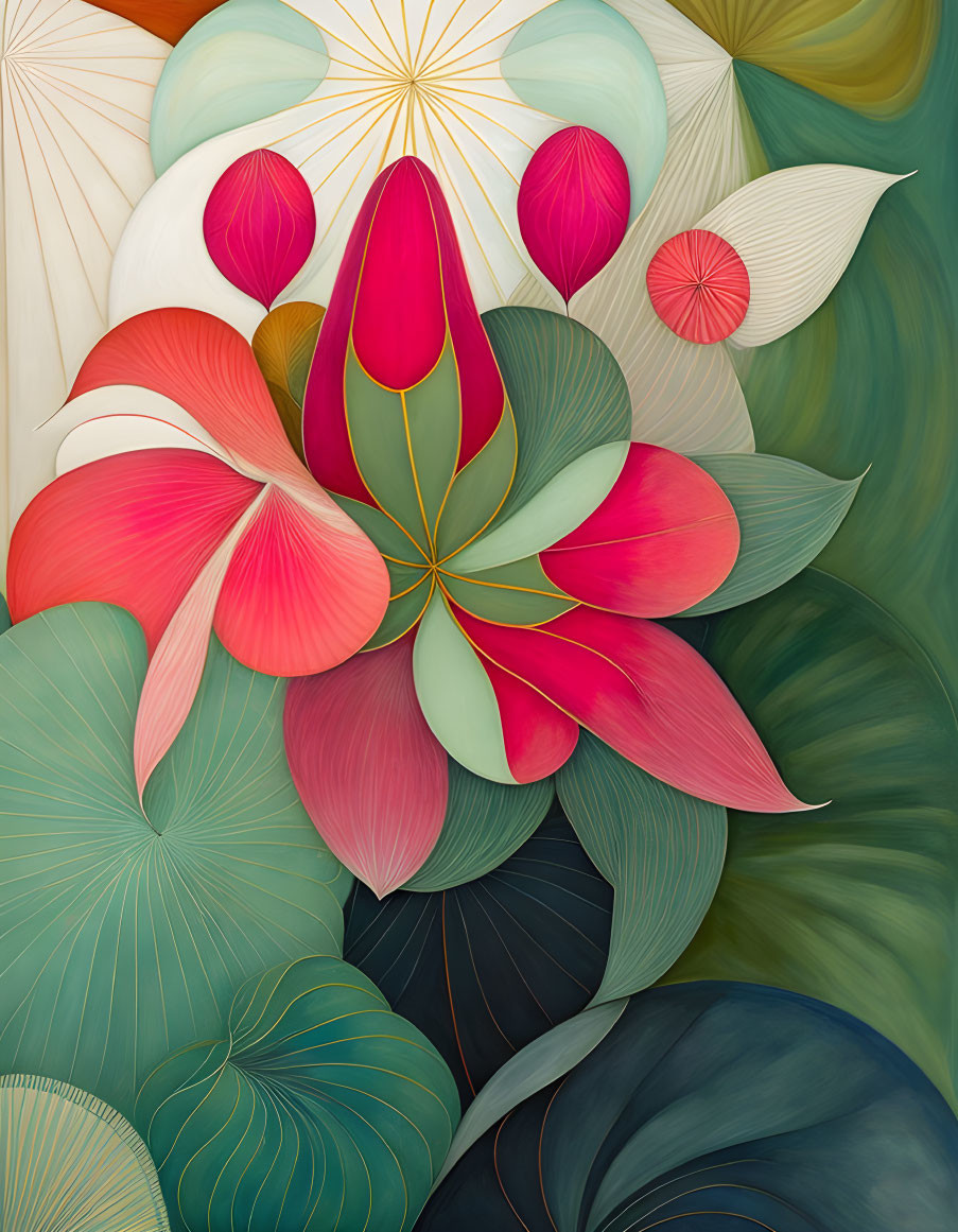 Colorful abstract art with overlapping leaf and flower shapes in green, pink, red, and white.