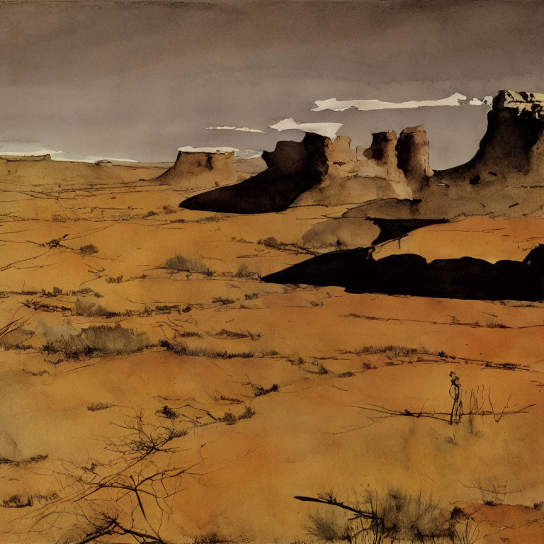 Figure in desert landscape under dramatic sky with rock formations