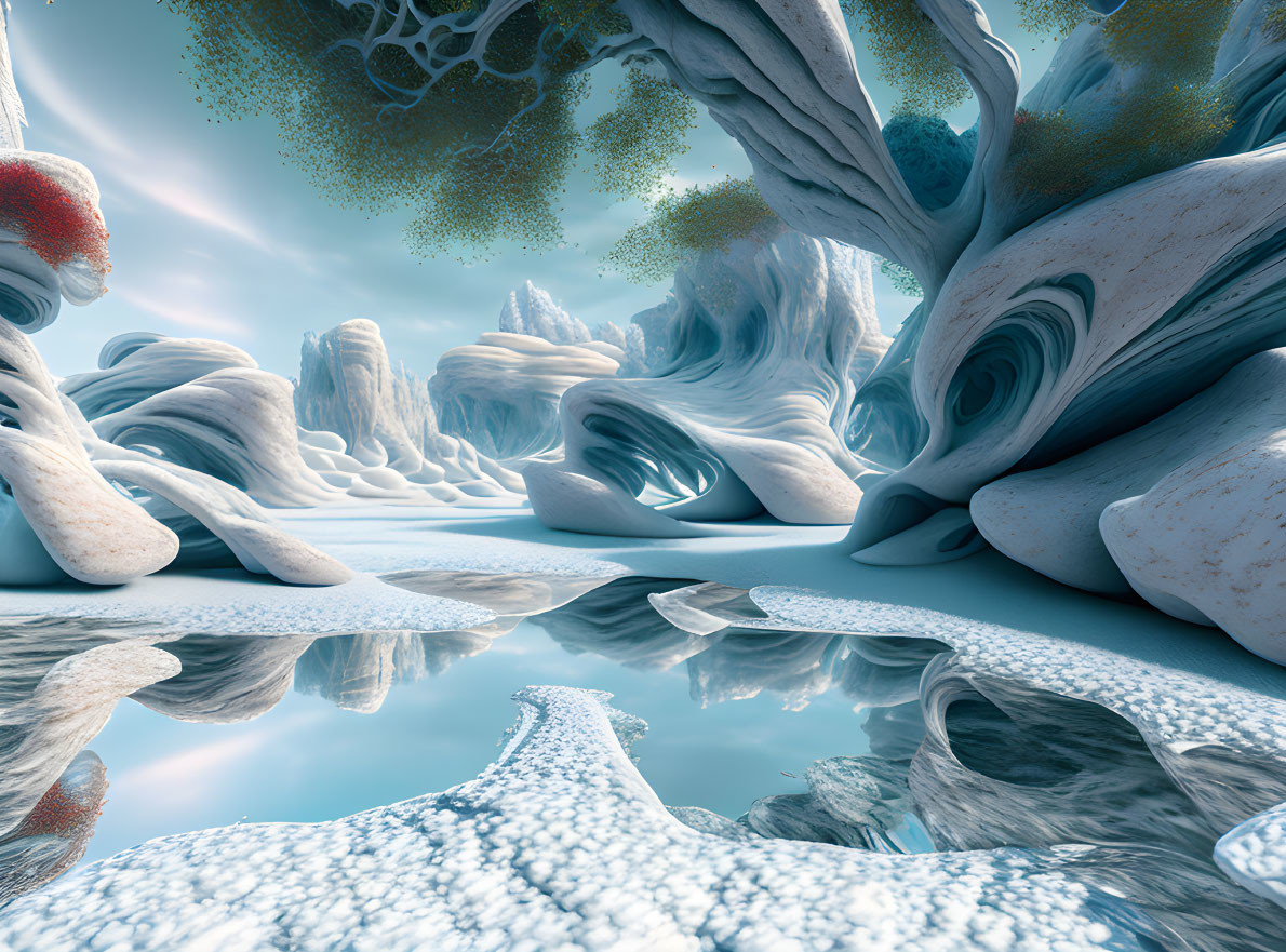 Twisted white trees in surreal landscape with rocky formations and reflective water