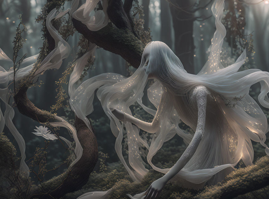 Long white hair mystical figure in flowing garments blending with ethereal forest