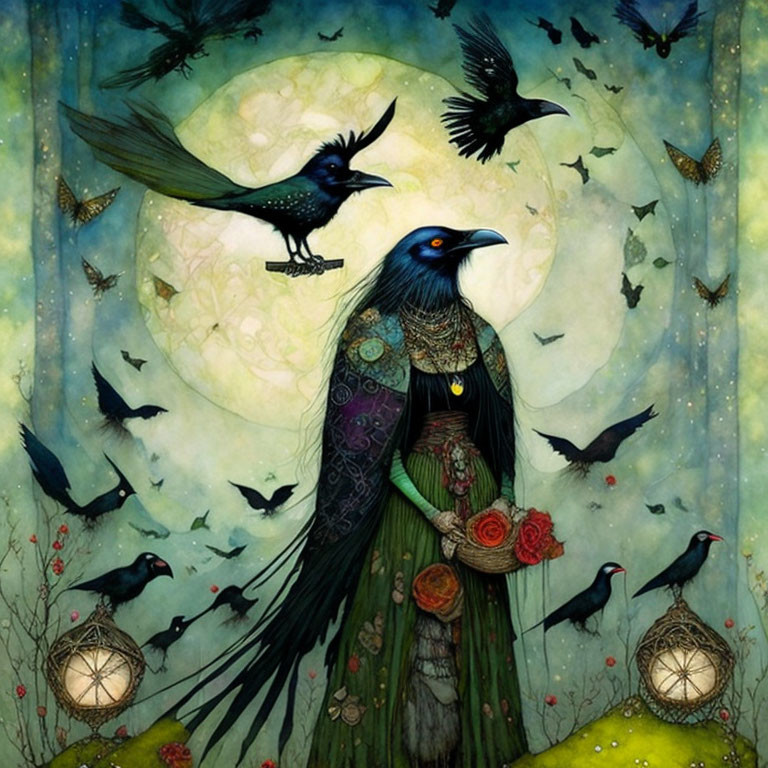 Mystical figure with raven head in ornate robes among flying ravens against full moon.