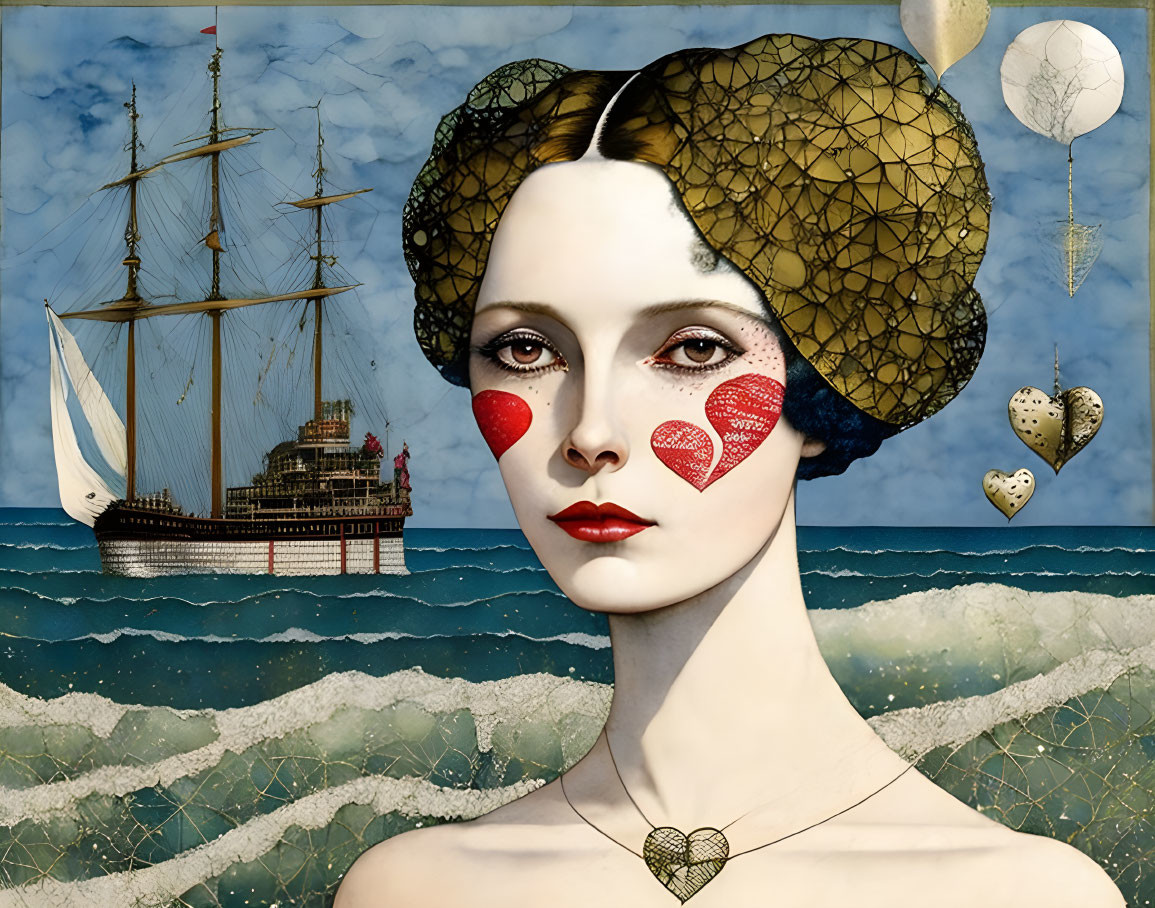 Surreal artwork: woman portrait with heart-shaped cheeks and nautical scene