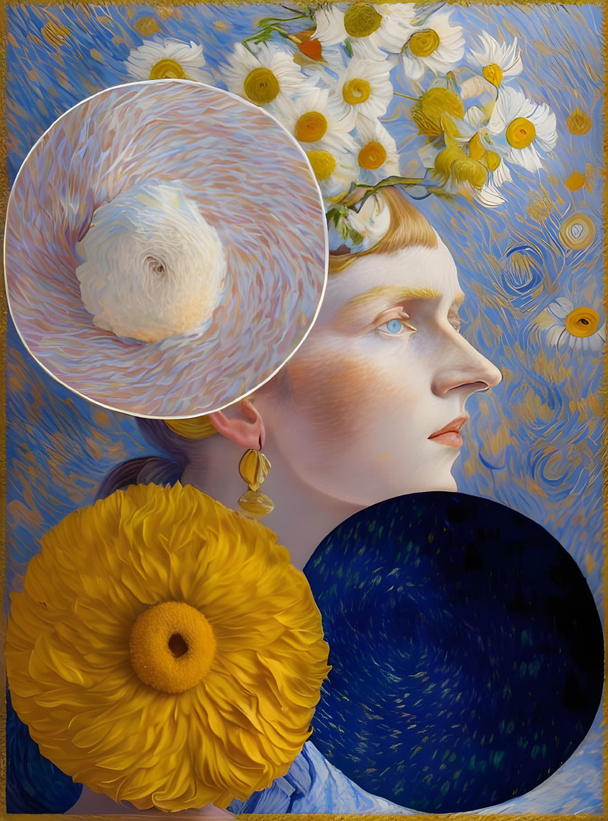 Surrealist portrait with Van Gogh-inspired elements: sunflowers, starry night, swirls