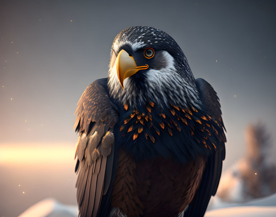 Black and golden-orange spotted eagle in snowy landscape at dusk