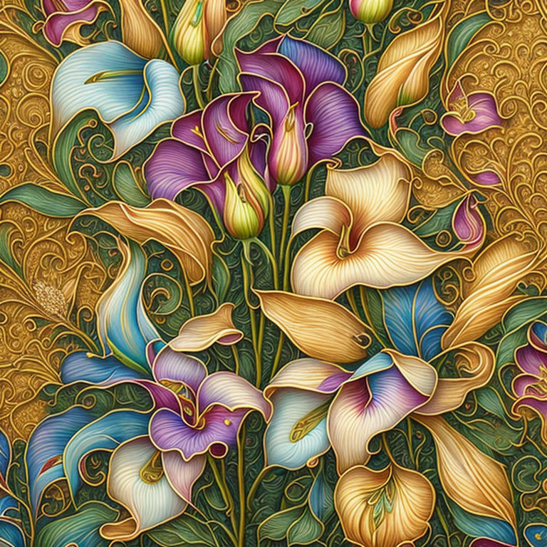 Detailed Floral Calla Lily Pattern on Textured Golden Background