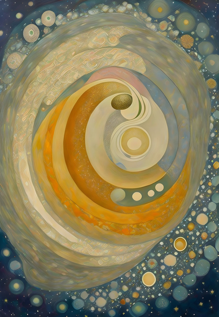 Swirling Orange and Blue Cosmic Painting with Celestial Patterns