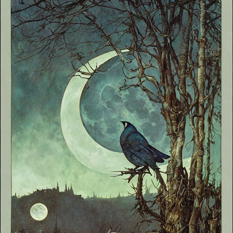 Raven on gnarled tree under crescent moon in night sky