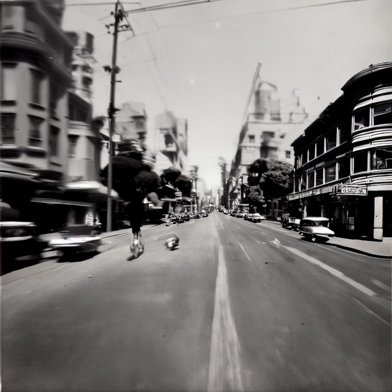 Vintage Black and White Photo of Blurred City Street Scene