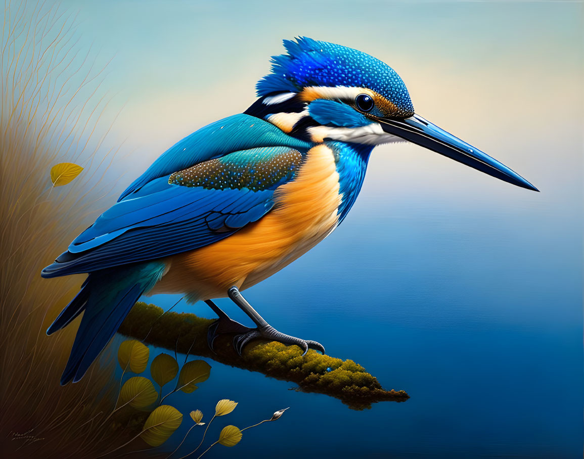 Colorful Kingfisher Illustration in Blue and Orange Perched on Branch