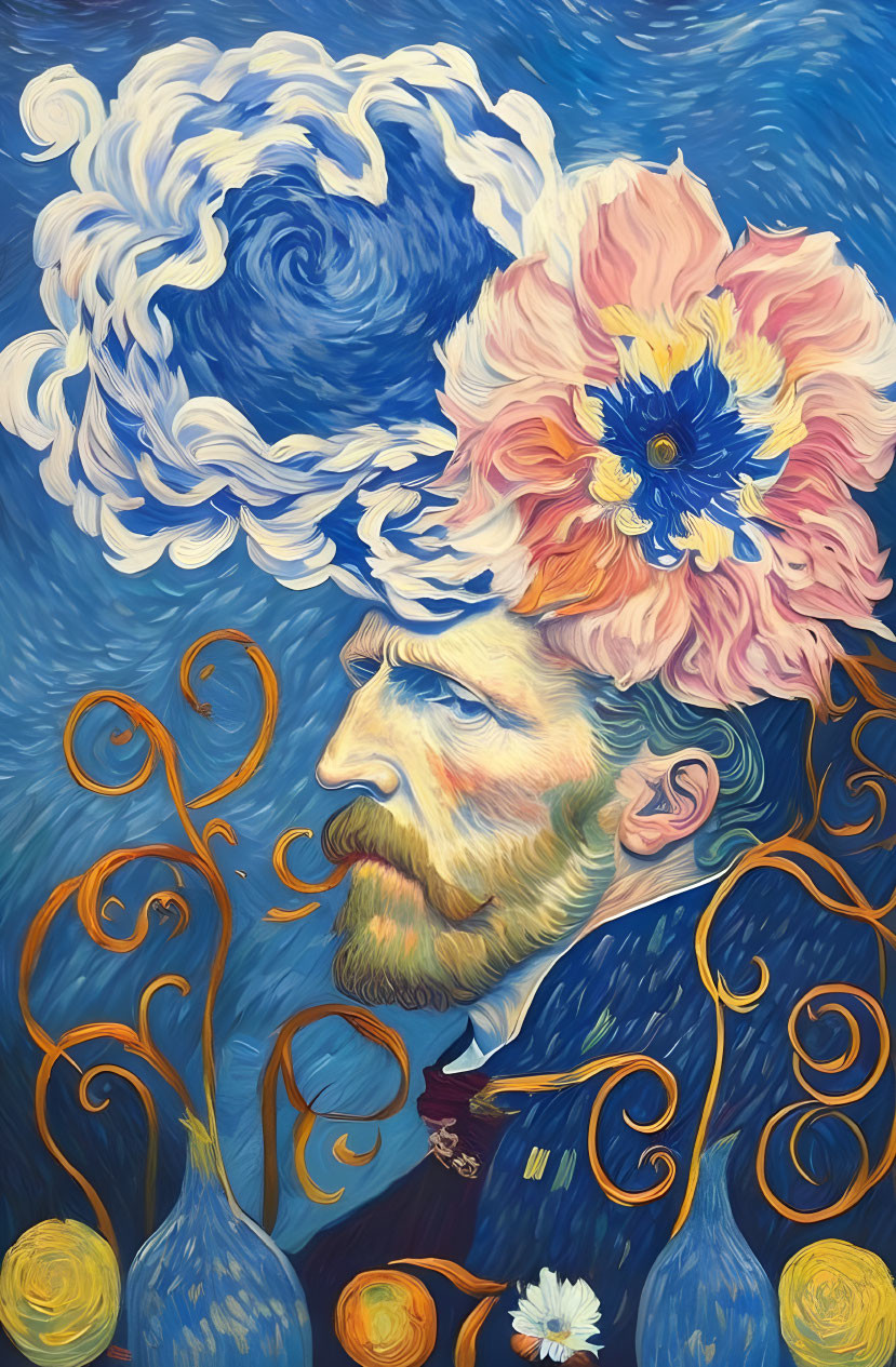 Vincent van Gogh-inspired artwork with swirling clouds and flowers