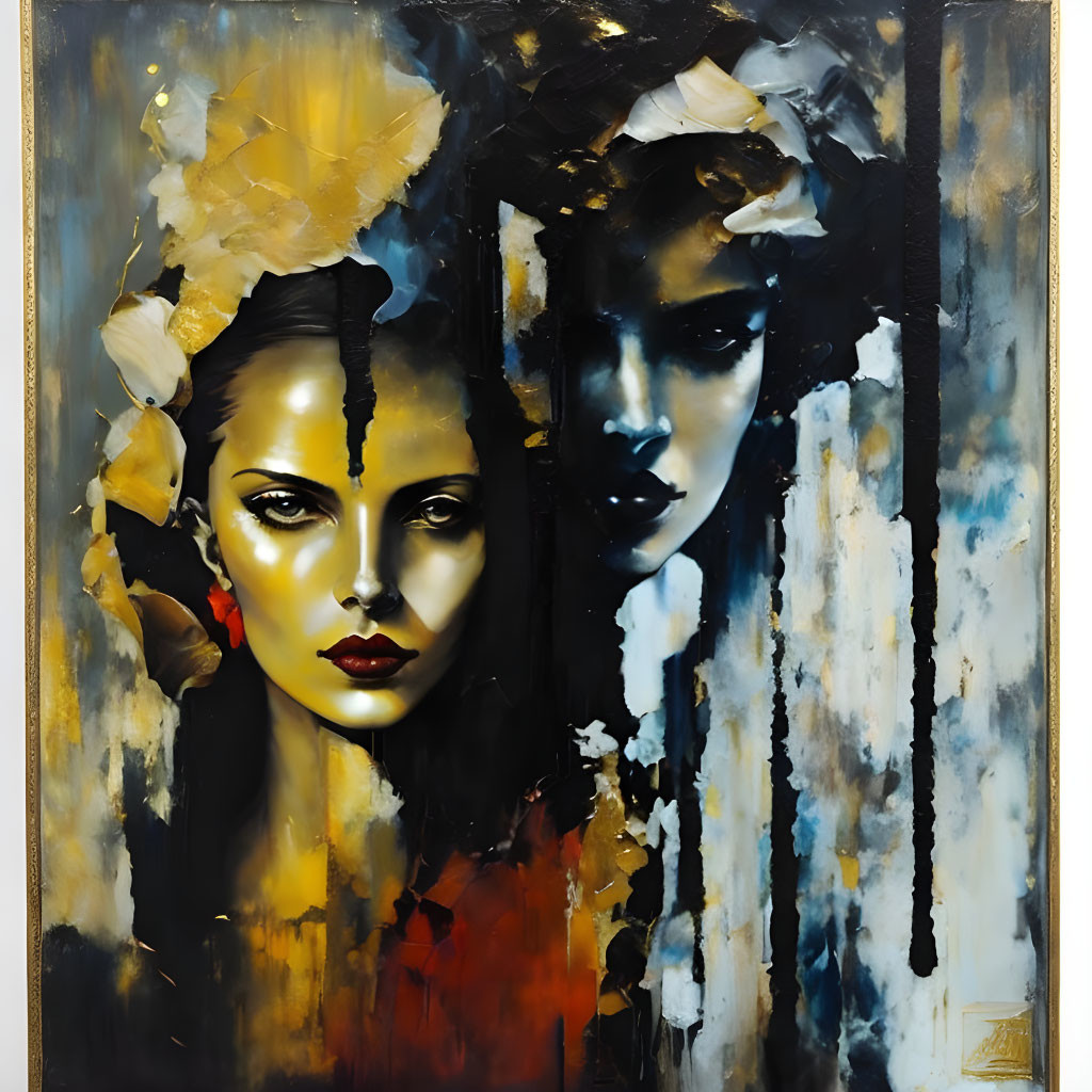 Stylized female faces in color and grayscale merge on canvas with abstract golden and black streaks