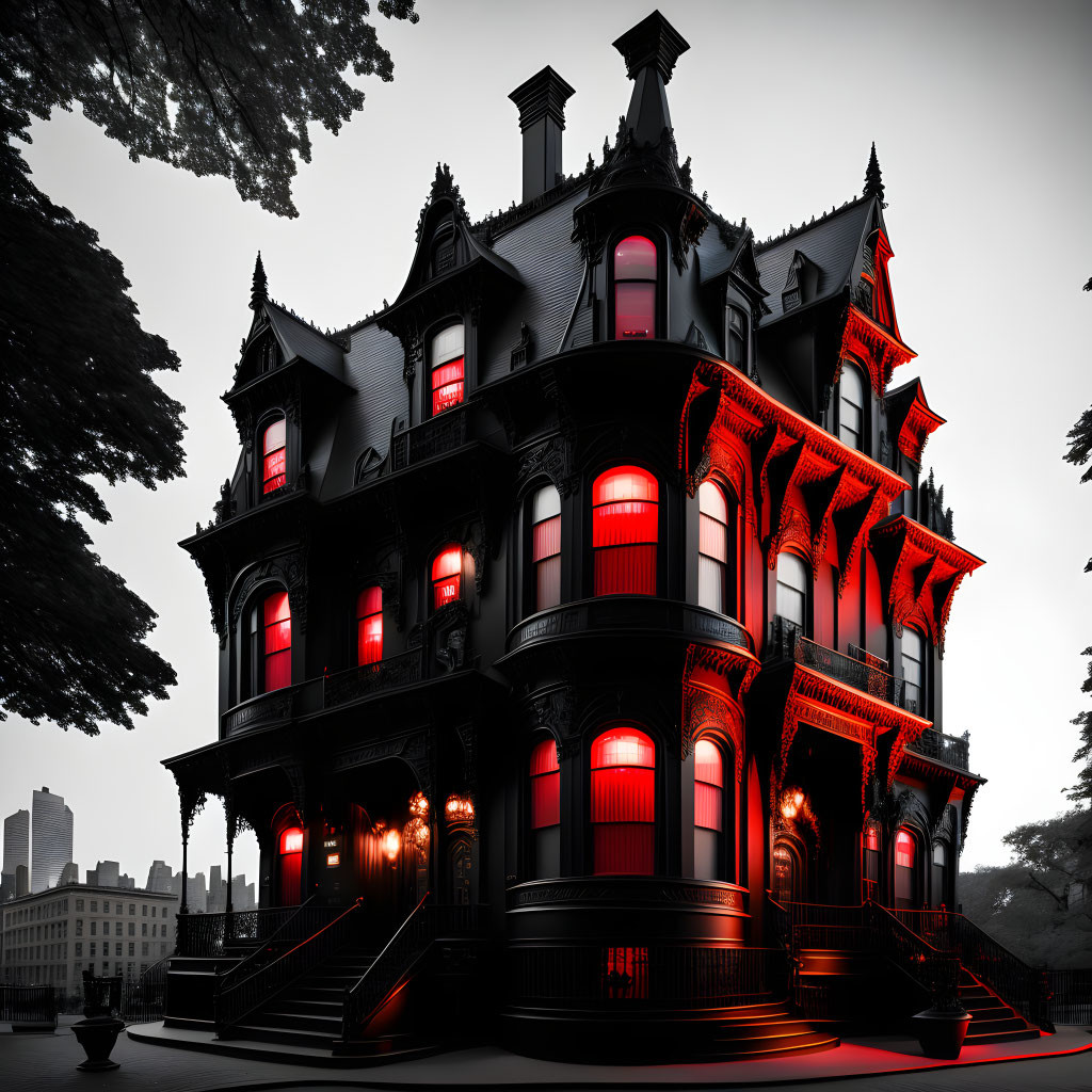 Eerie Victorian Mansion at Dusk with Red Lighting