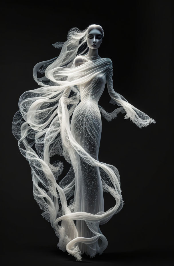 Flowing white gown creates ghostly figure against dark backdrop